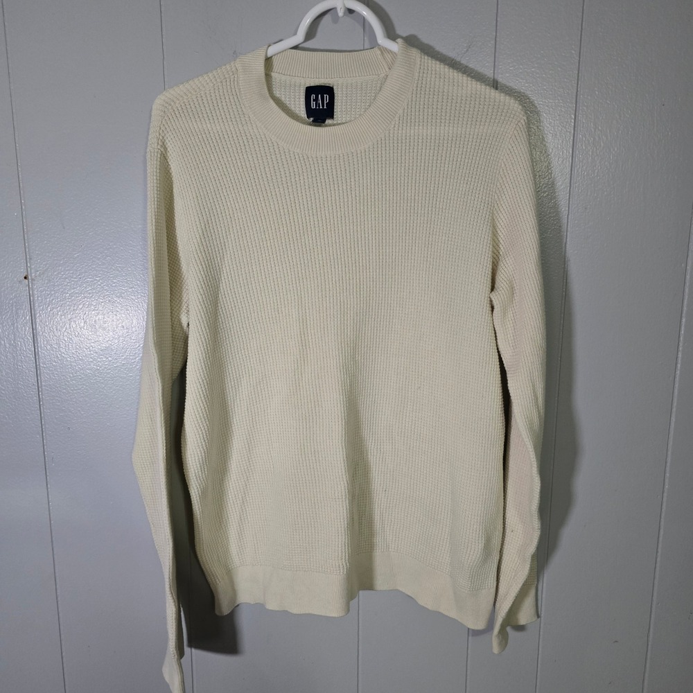 Gap‎ Men's Medium M Cream Off White Waffle Knit Crewneck Sweater Cotton Blend